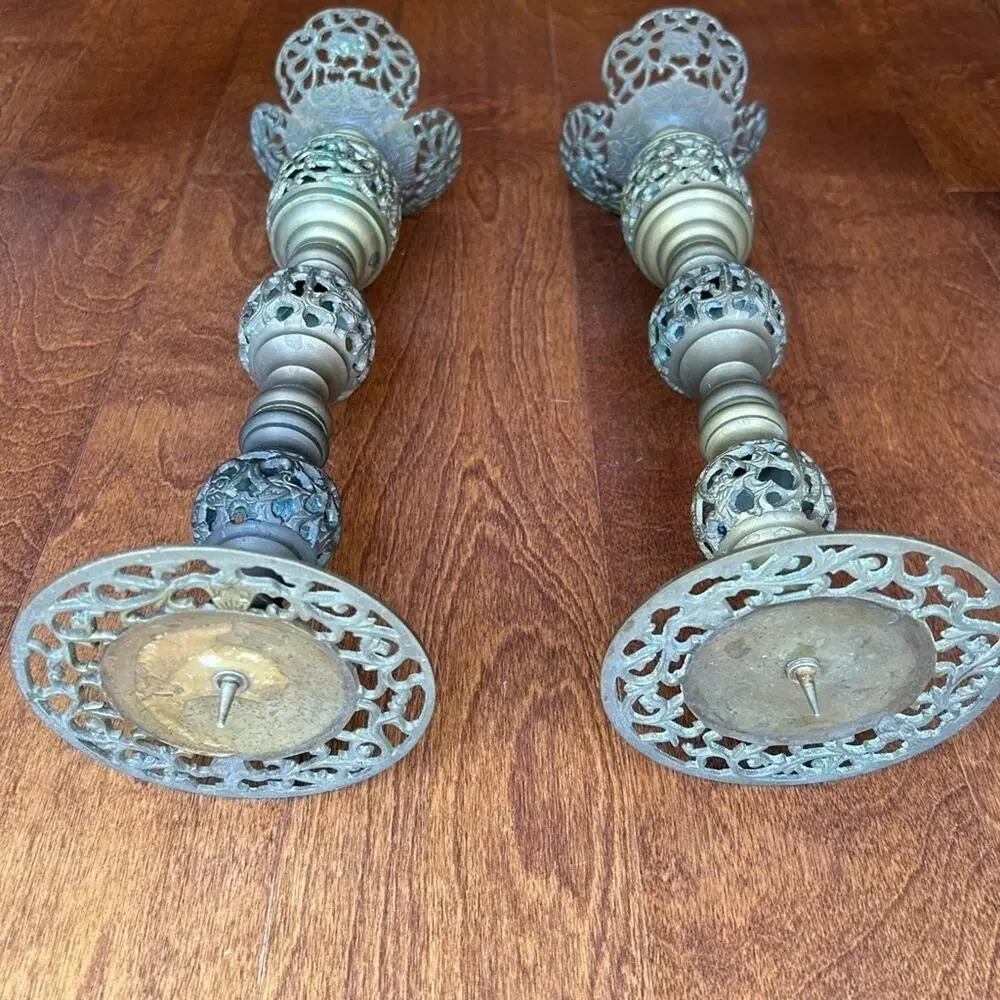 Vintage Oversized Moroccan Pierced Brass Candle Holders, Set of 2, Nice Patina